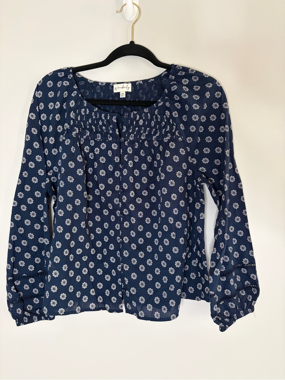 Wonderly Navy Blue Floral Button-Front Peasant Blouse